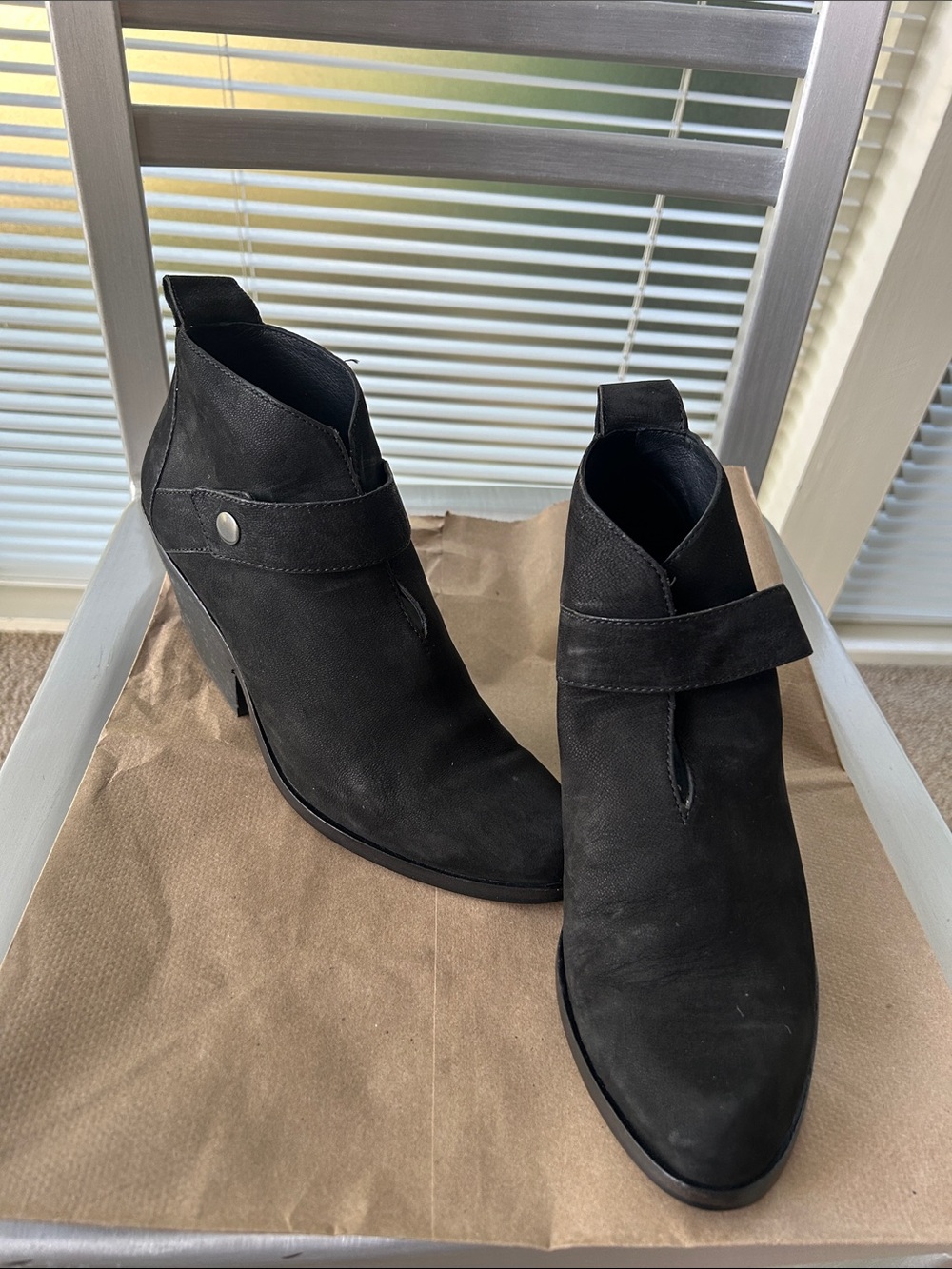 Eileen Fisher Black Suede Ankle Booties with Snap Strap